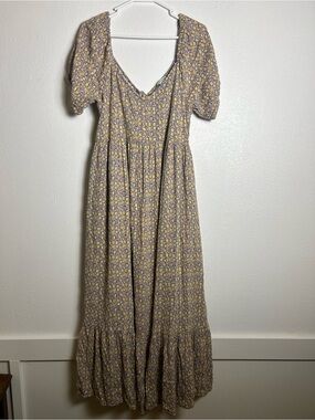 Floral Puff-Sleeve Maxi Dress in Lavender and Yellow